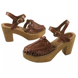 Urban Outfitters Ecote Brown Woven Leather Wood Platform Sandals Huaraches Sz 7